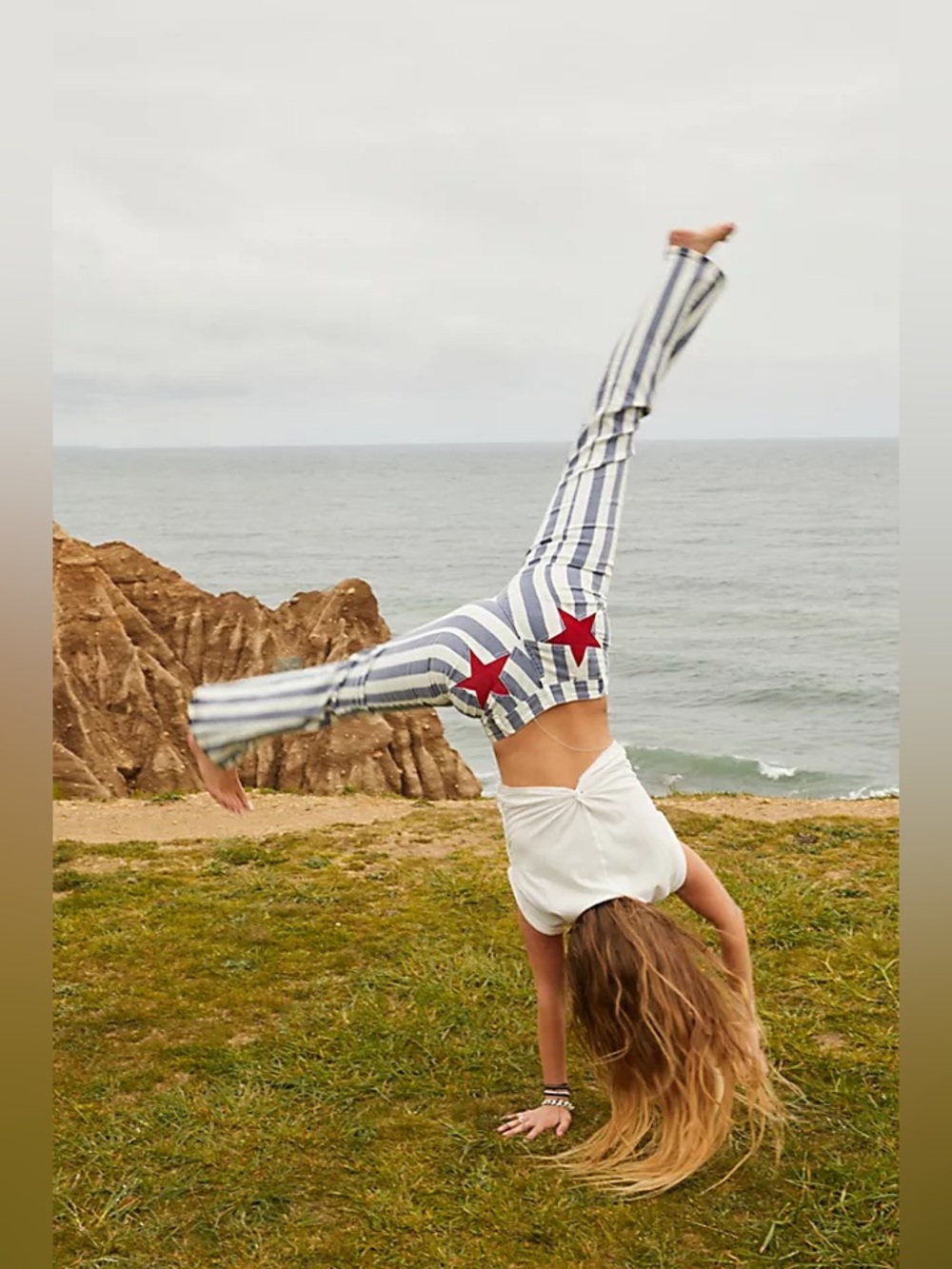 Free People Firecracker Striped Blue and White Pants with Red Star Patches